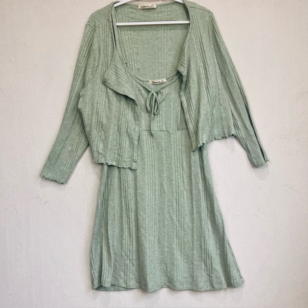 Liberty Love Celery Green Ribbed Sleeveless Dress with Matching Cardigan Sz 2XL